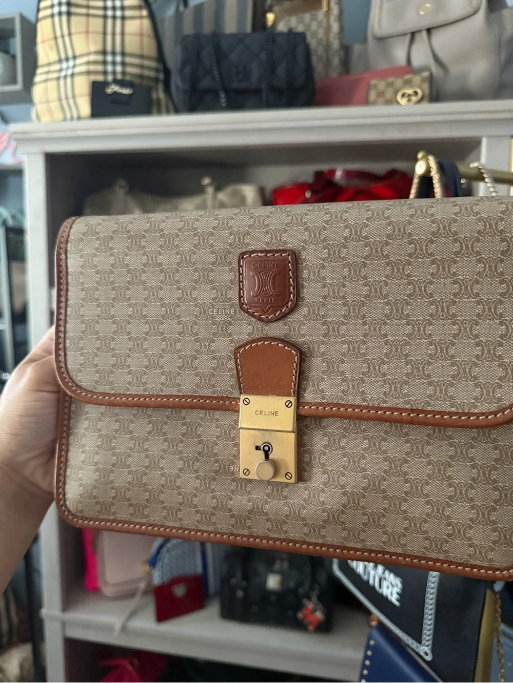 Celine Brown Monogram Canvas Clutch Bag with Gold Lock